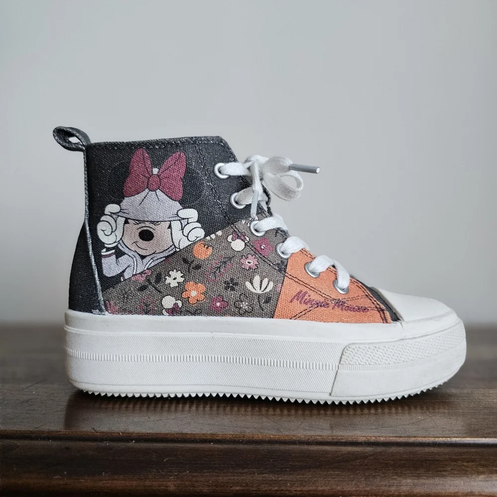 🎀 Disney Minnie Mouse Floral High-Top Sneakers | Kids Size 2 | Canvas Patchwork